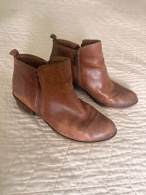 Lucky Brand Cognac Brown Leather Ankle Booties with Side Zip